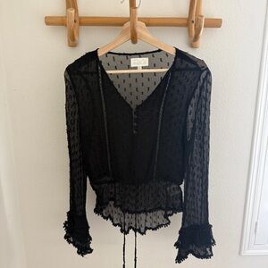 RAHI CALI Anthropologie Black lace blouse button up front tie fringe waist